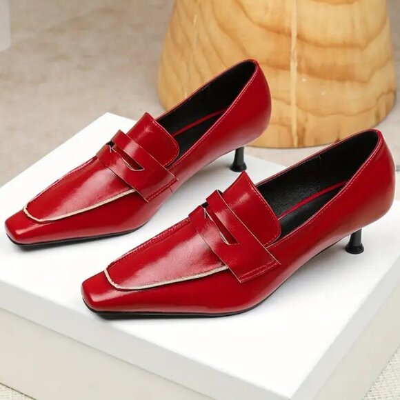 Red Square Toe Kitten Heel Pumps Shoes 9.5 - Picture 4 of 4